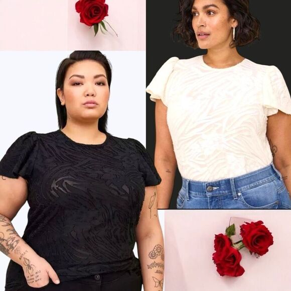 Torrid Black & White Knit Jacquard Crew Neck Flutter Sleeve Tee 3 3XL 2pc Bundle - Picture 2 of 14